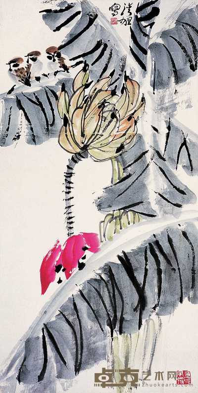 陈清狂 芭蕉麻雀 立轴 69×34.5cm